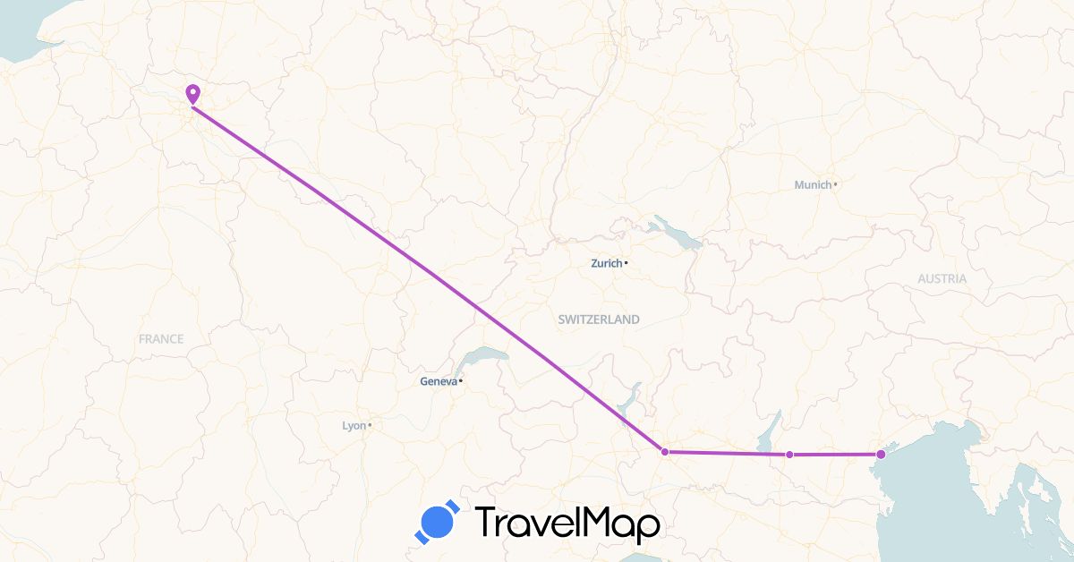TravelMap itinerary: train in France, Italy (Europe)